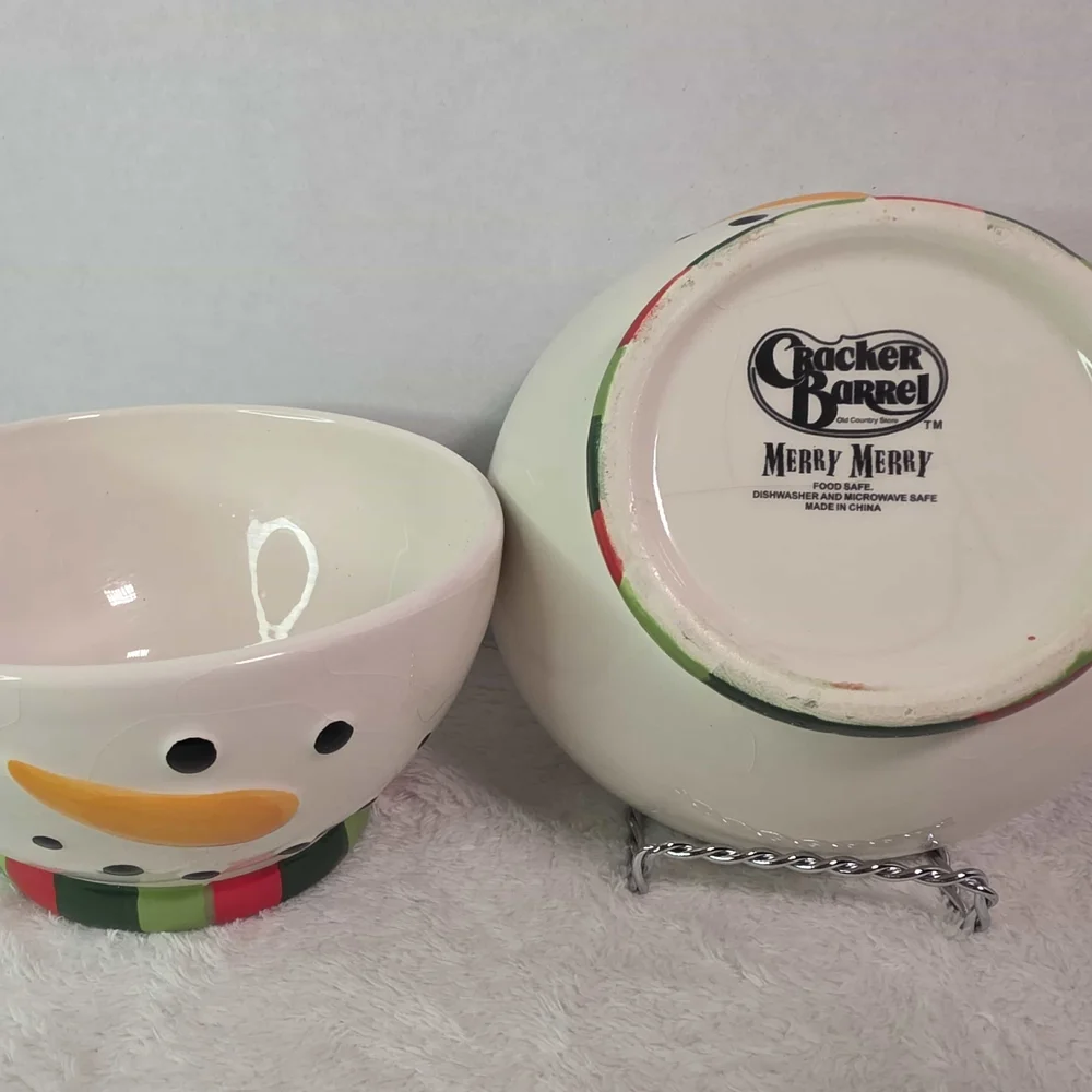 Cracker Barrel Christmas Merry Merry Snowman‎ 2-Piece Ceramic Bowls